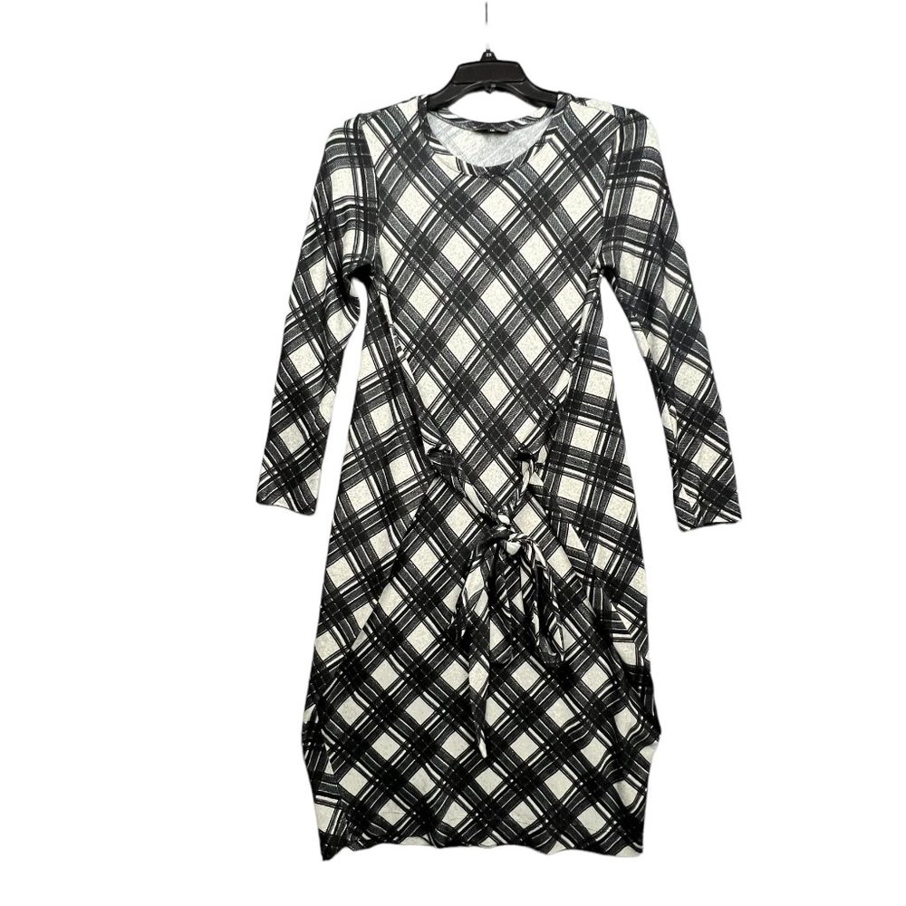 Elio Jersey Women Dress Sz 10 Long Sleeve Front Back Tie Detail Gray/Black Used